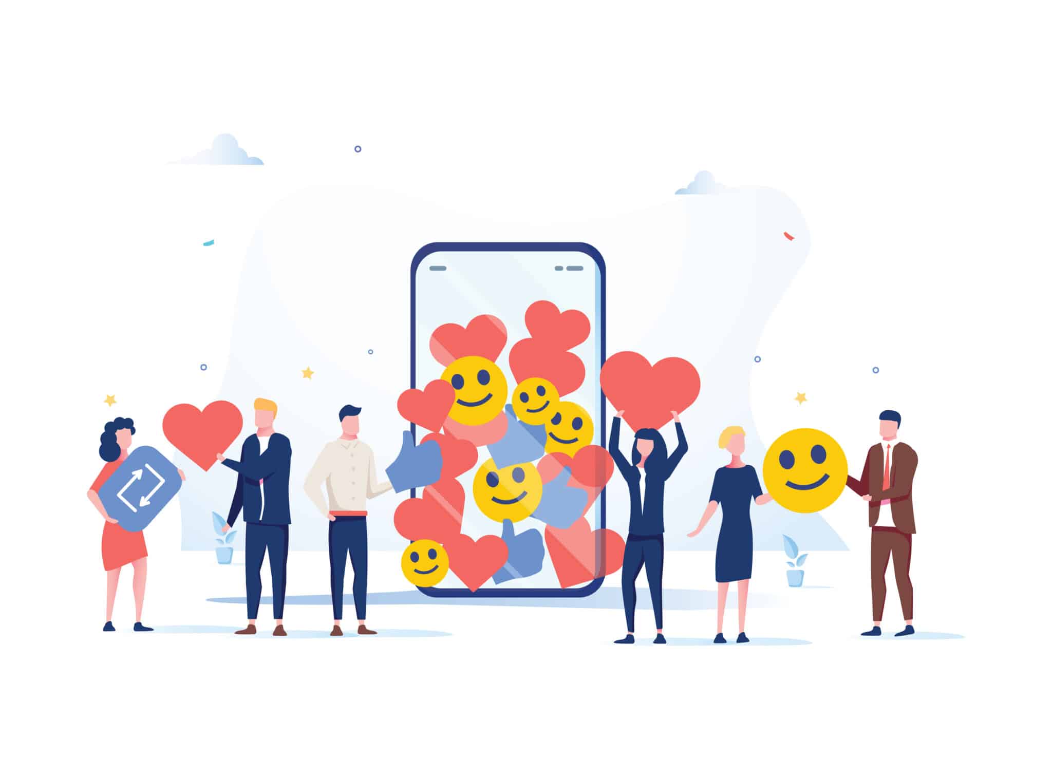 Increase your social media followers with successful marketing strategies, people bringing likes and reactions to a social media profile on a smartphone. SMM digital business background for website